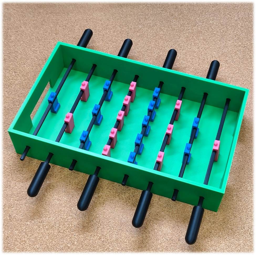 3D-printed tabletop-football prototype built from the ArtiCAD-generated assembly.